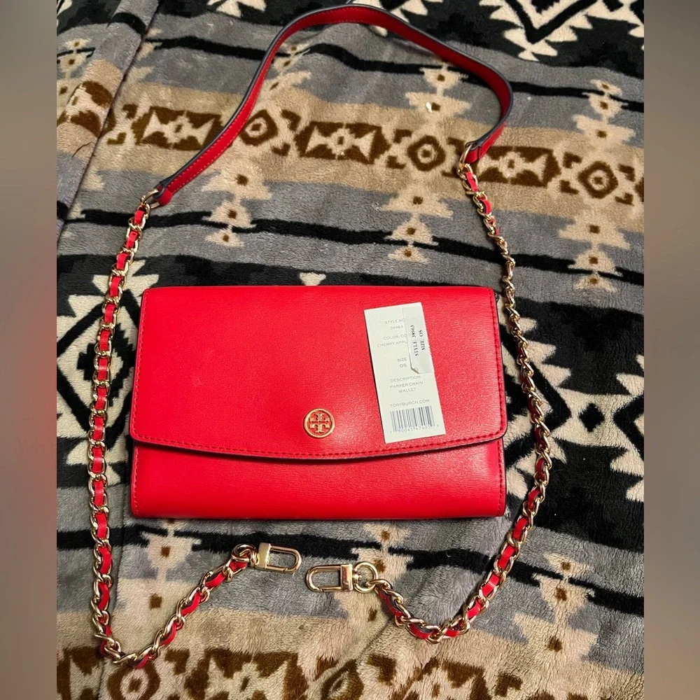 Tory Burch NWT Red and Navy Leather Wallet in Chain  Crossbody Bag - Picture 3 of 15